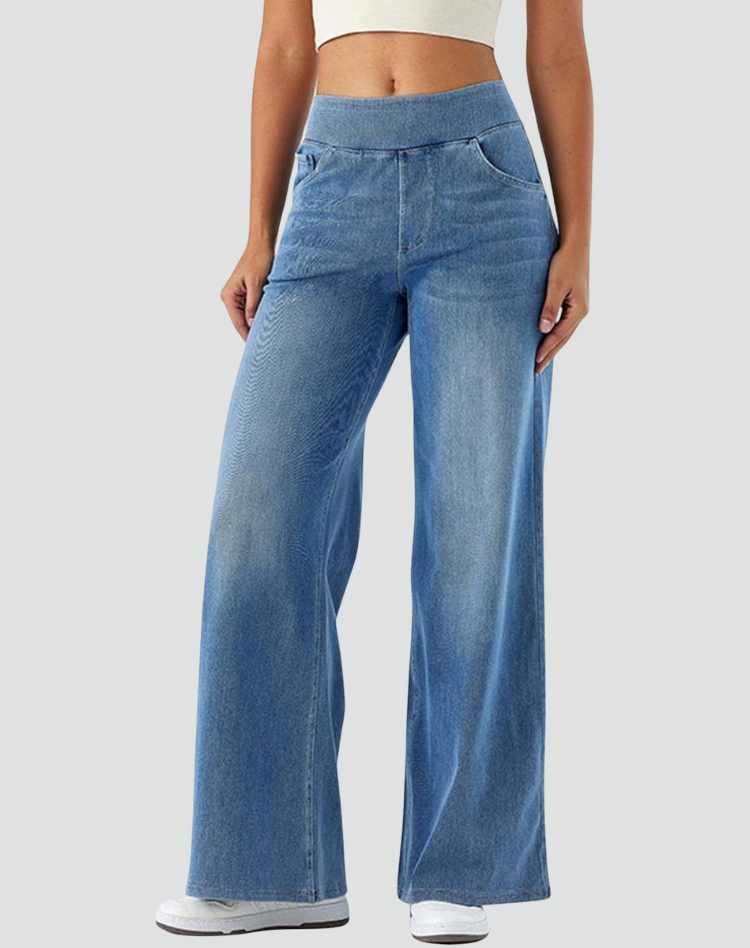 Jean large taille élastique, coloris bleu clair, vue de trois quarts