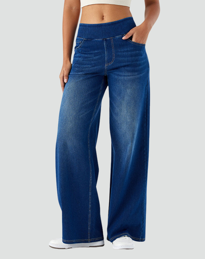 Jean large taille élastique, coloris bleu foncé, vue de face