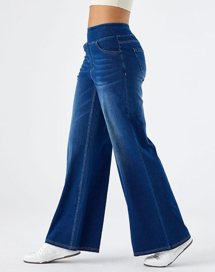 Jean large taille élastique, coloris bleu foncé, vue de profil
