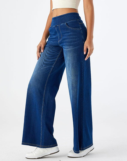Jean large taille élastique, coloris bleu foncé, vue de trois quarts