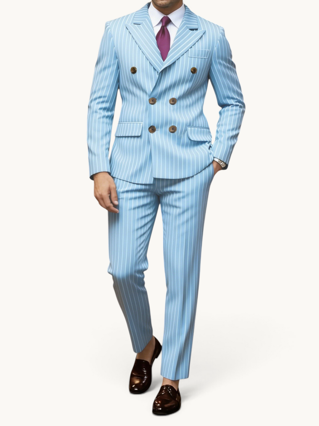 Costume croisé bleu ciel à fines rayures porté avec une cravate bordeaux