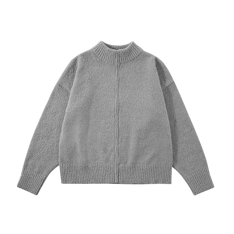 Veste en maille gris clair à col montant, vue de face à plat
