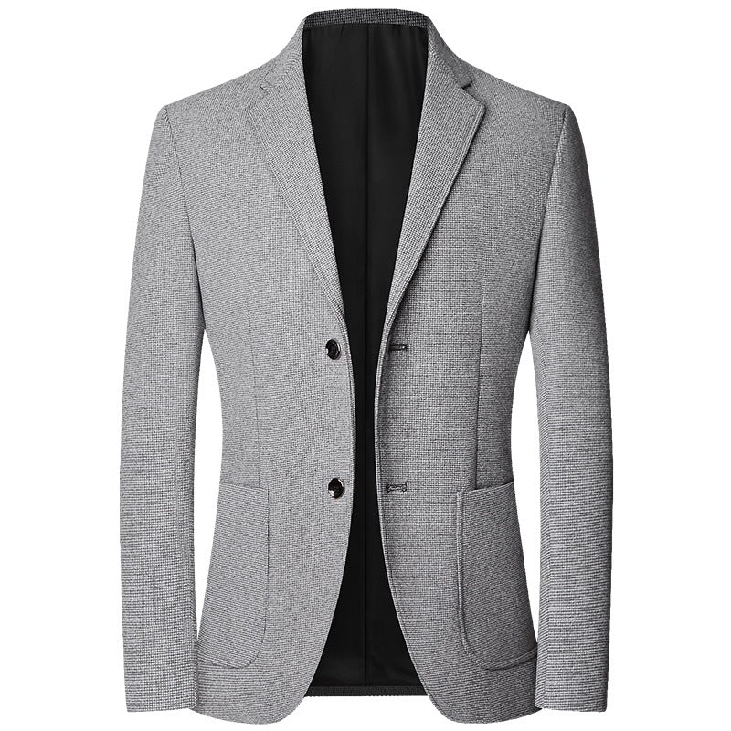 Blazer gris clair en tissu texturé, col cranté et deux boutons, vue de face
