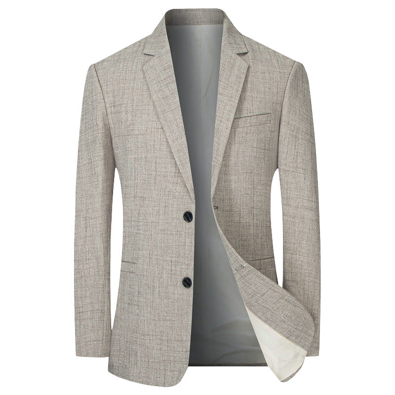 Blazer léger beige chiné à deux boutons, vue de face avec doublure