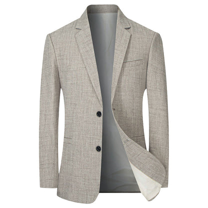 Blazer léger beige chiné à deux boutons, vue de face avec doublure