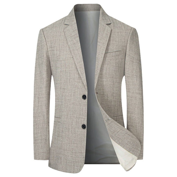 Blazer léger beige chiné à deux boutons, vue de face avec doublure