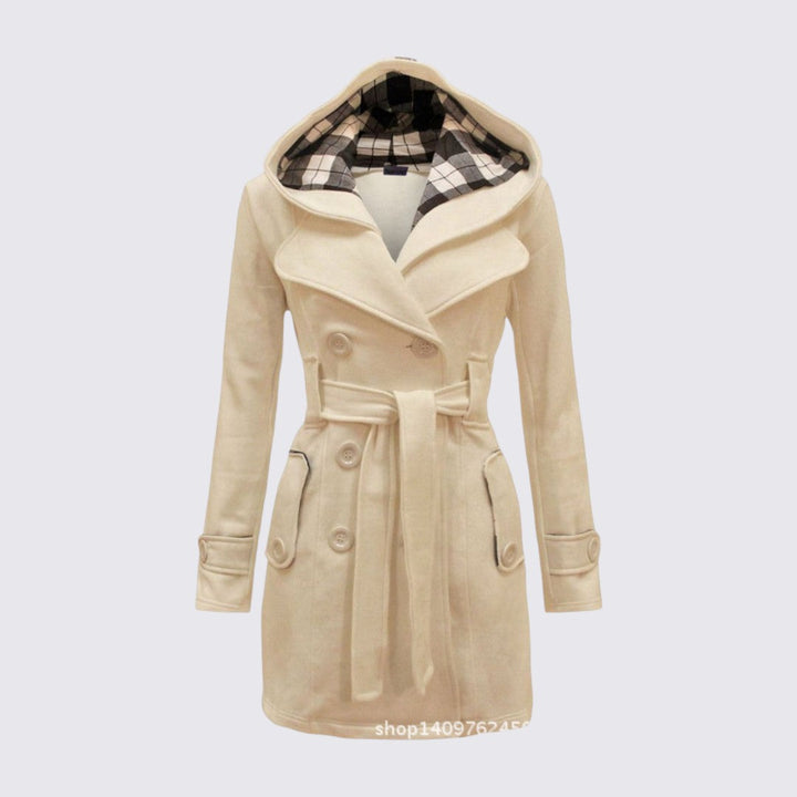 Manteau à capuche ceinturé, coloris beige, vu de face