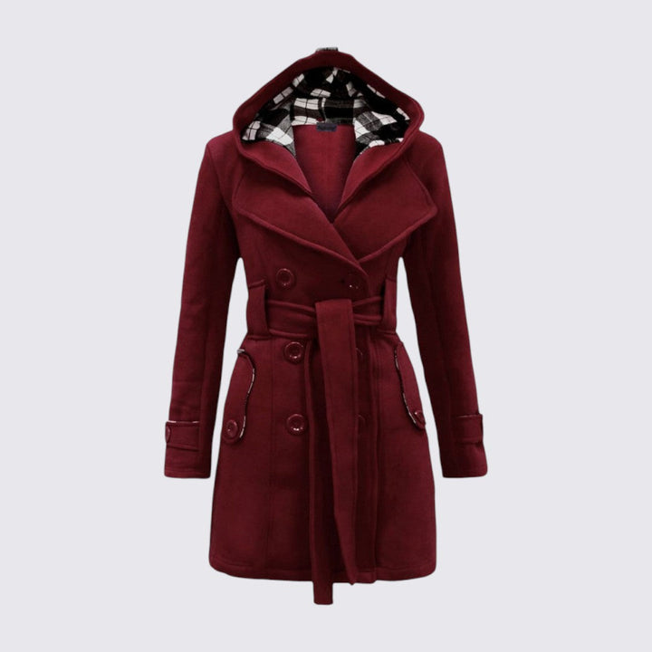 Manteau à capuche ceinturé, coloris bordeaux, vu de face