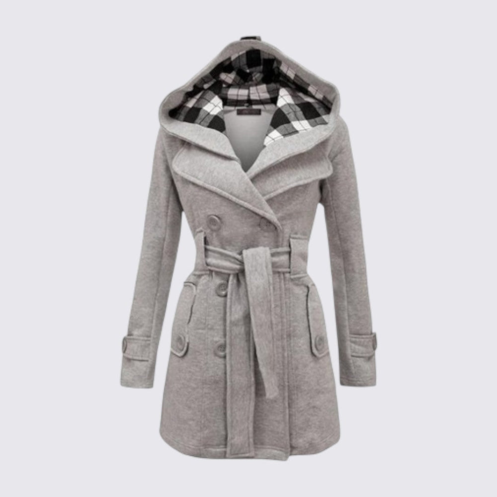Manteau à capuche ceinturé, coloris gris, vu de face