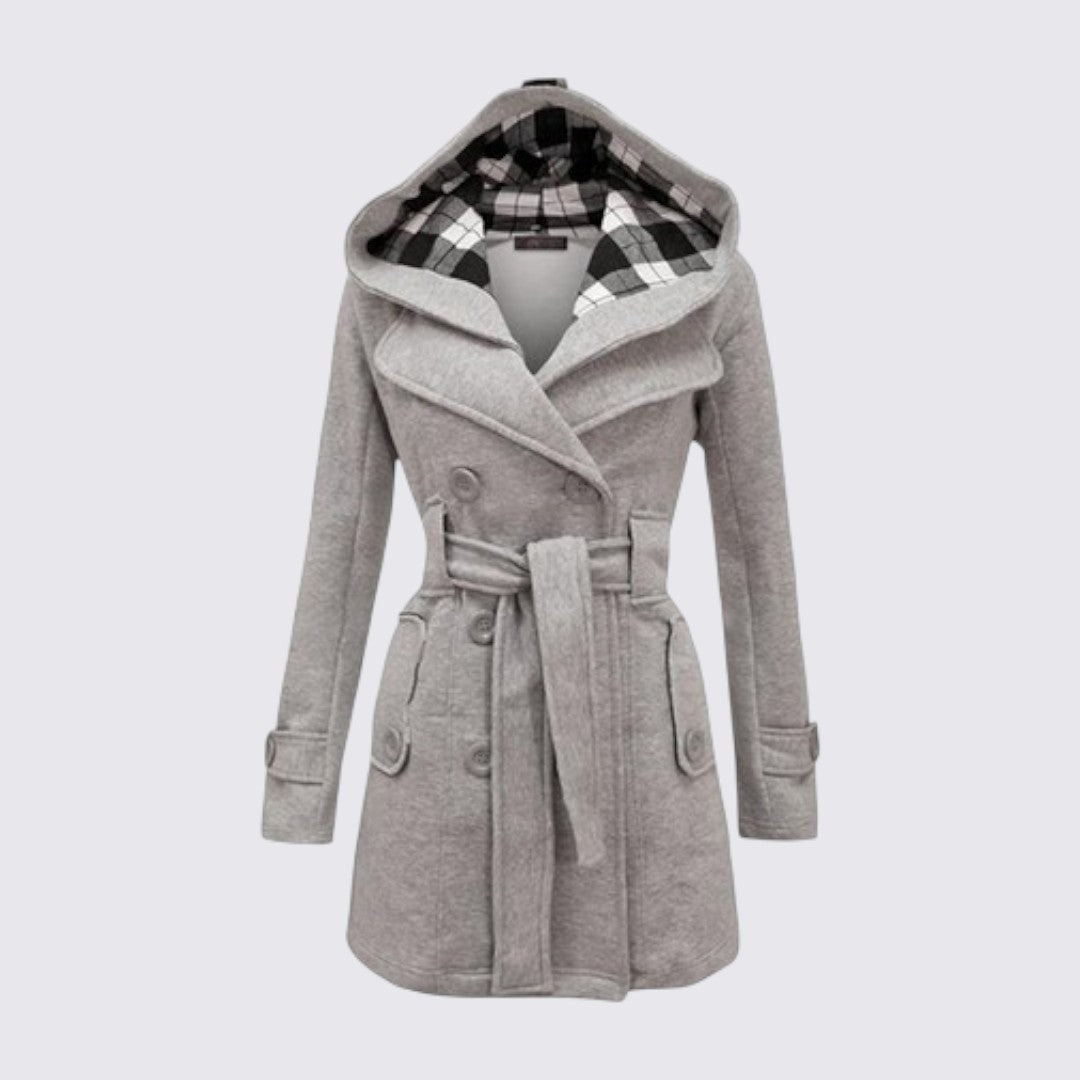 Manteau à capuche ceinturé, coloris gris, vu de face