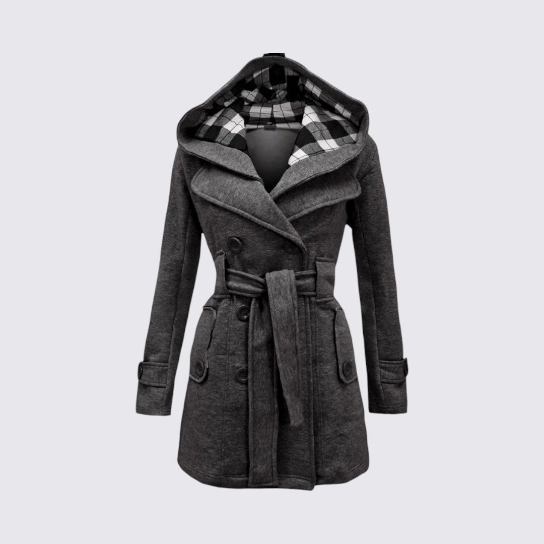 Manteau à capuche ceinturé, coloris gris foncé, vu de face