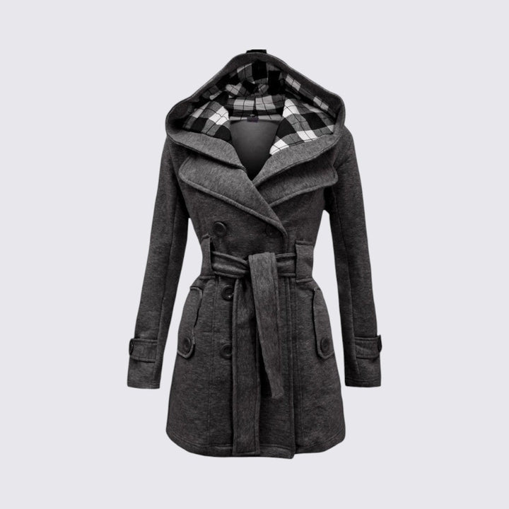 Manteau à capuche ceinturé, coloris gris foncé, vu de face