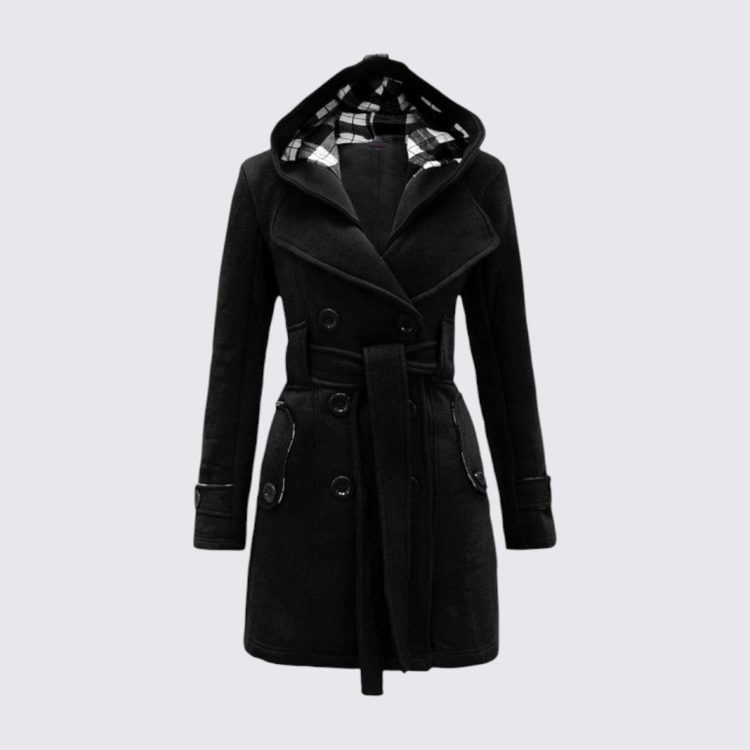 Manteau à capuche ceinturé, coloris noir, vu de face