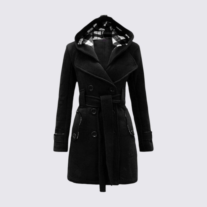 Manteau à capuche ceinturé, coloris noir, vu de face