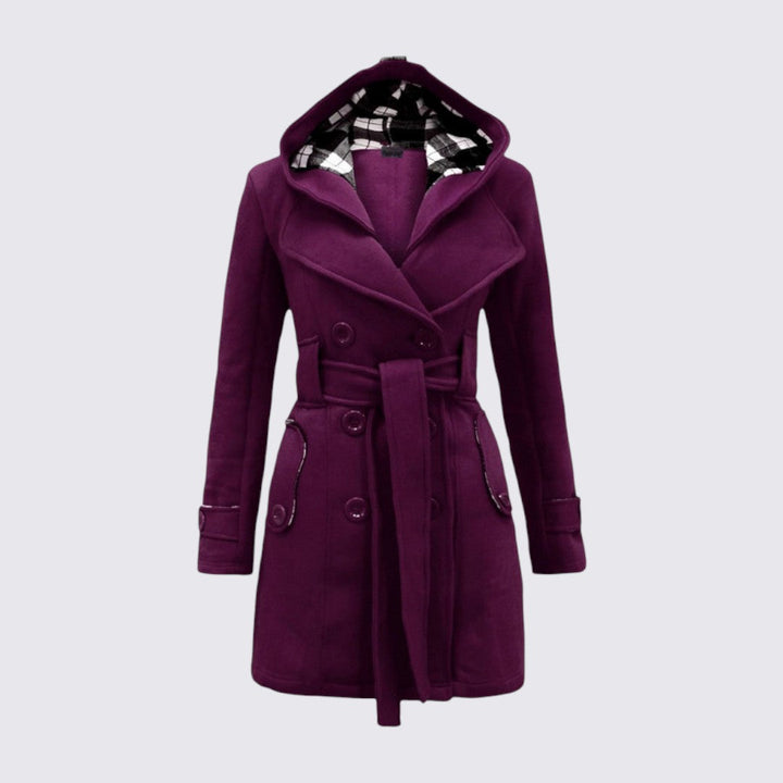 Manteau à capuche ceinturé, coloris violet, vu de face