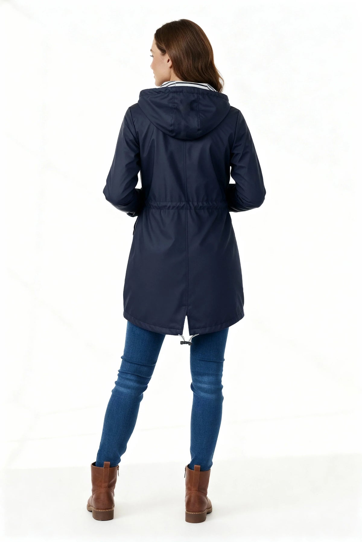 Manteau à capuche cordon, coloris bleu marine, vue de dos, vue 2