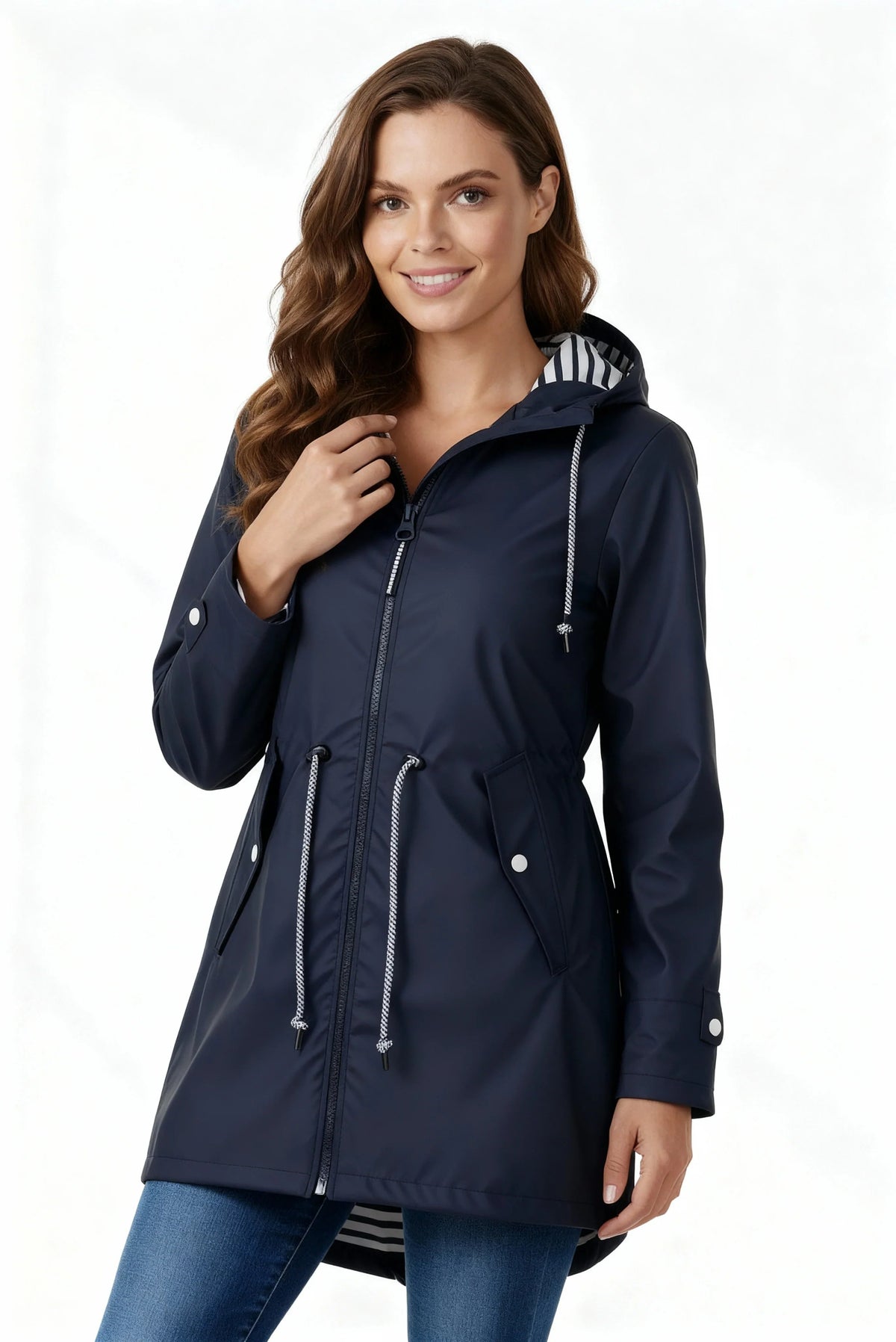Manteau à capuche cordon, coloris bleu marine, vue de face, vue 2