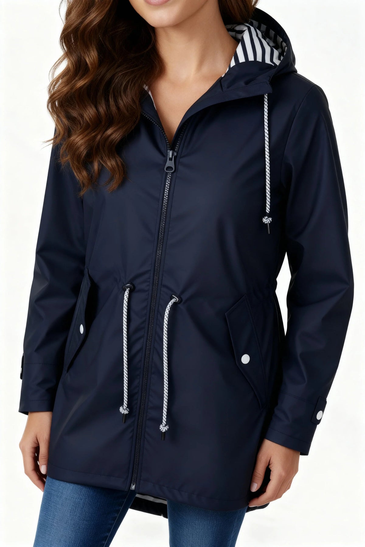 Manteau à capuche cordon, coloris bleu marine, vue de face, vue 3