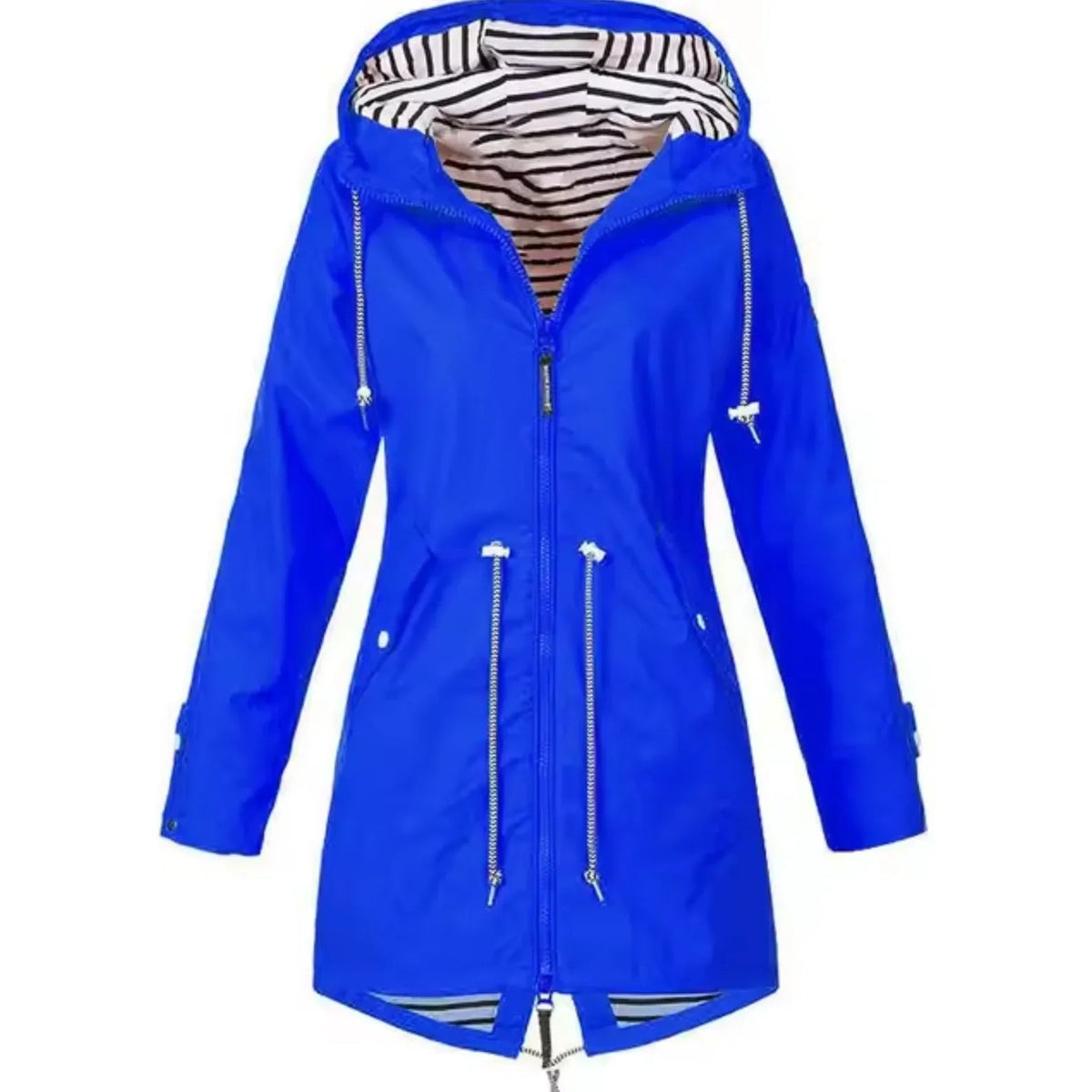 Manteau à capuche cordon, coloris bleu vif, vue de face
