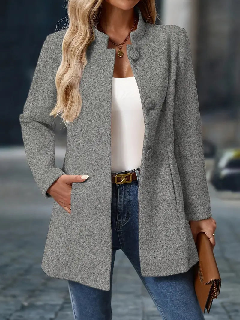Manteau court à col montant, coloris gris, vu de face