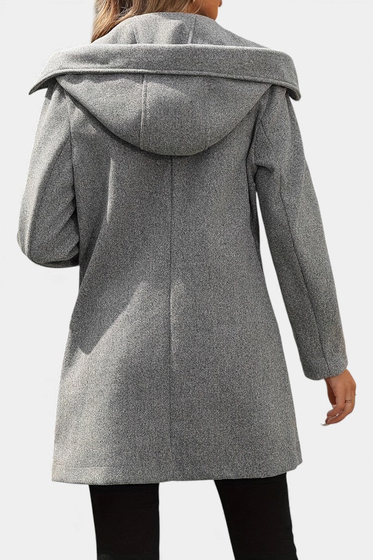 Manteau croisé à capuche, coloris gris, vue de dos