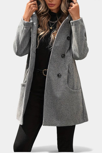 Manteau croisé à capuche, coloris gris, porté en tenue, vue 3
