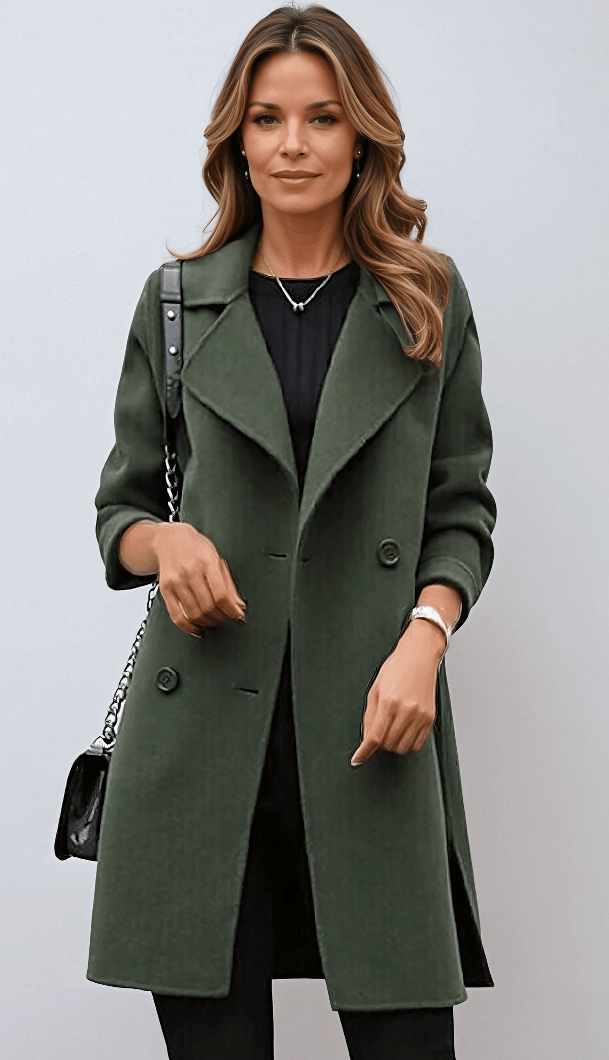 Manteau croisé à revers, coloris vert forêt, porté en tenue, vue 2