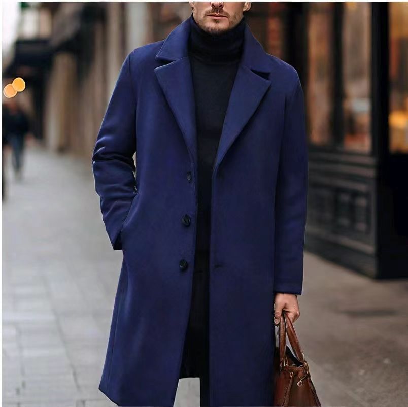 Manteau droit à revers, coloris bleu marine, porté en tenue, vue 2