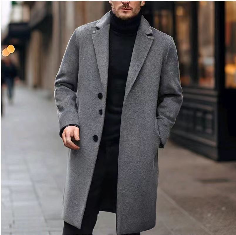 Manteau droit à revers, coloris gris, porté en tenue, vue 2