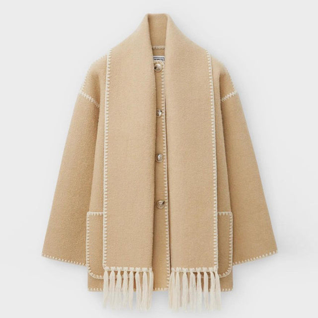 Manteau écharpe à franges pour femme, coloris beige