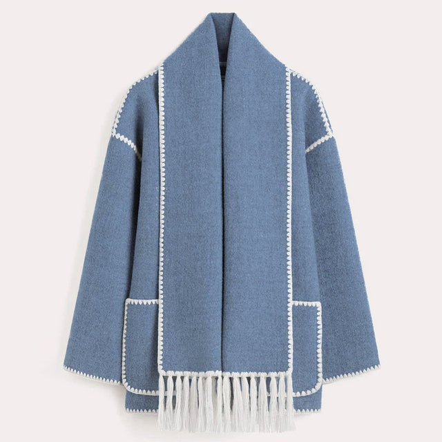 Manteau écharpe à franges pour femme, coloris bleu