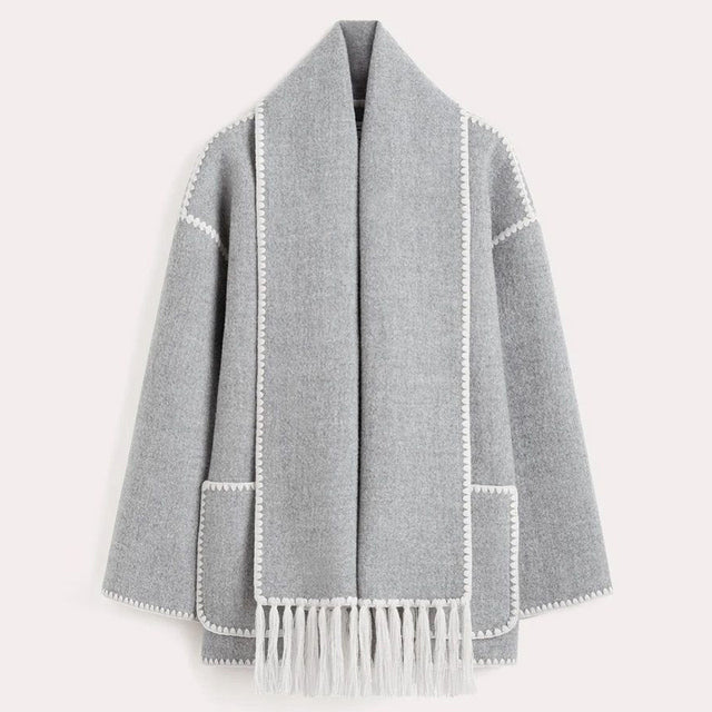 Manteau écharpe à franges pour femme, coloris gris clair
