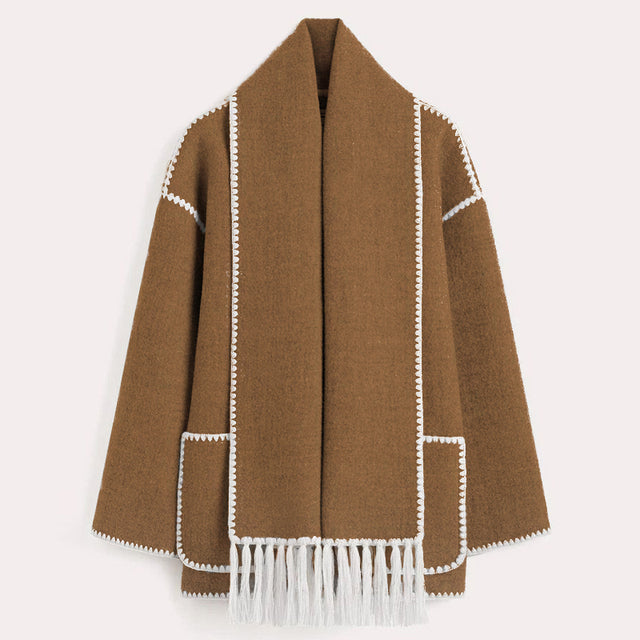 Manteau écharpe à franges pour femme, coloris marron