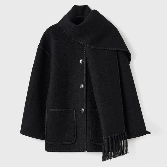 Manteau écharpe à franges pour femme, coloris noir
