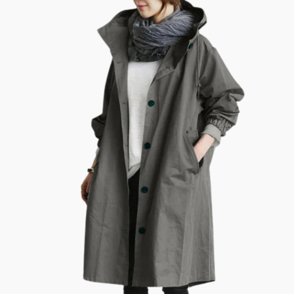 Manteau long à capuche, coloris gris, vu de face