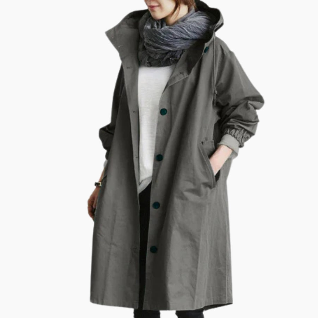 Manteau long à capuche, coloris gris, vu de face