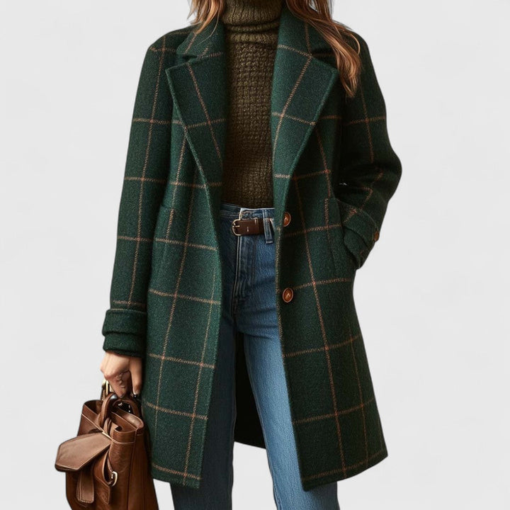 Manteau long à carreaux, coloris vert foncé, vu de face