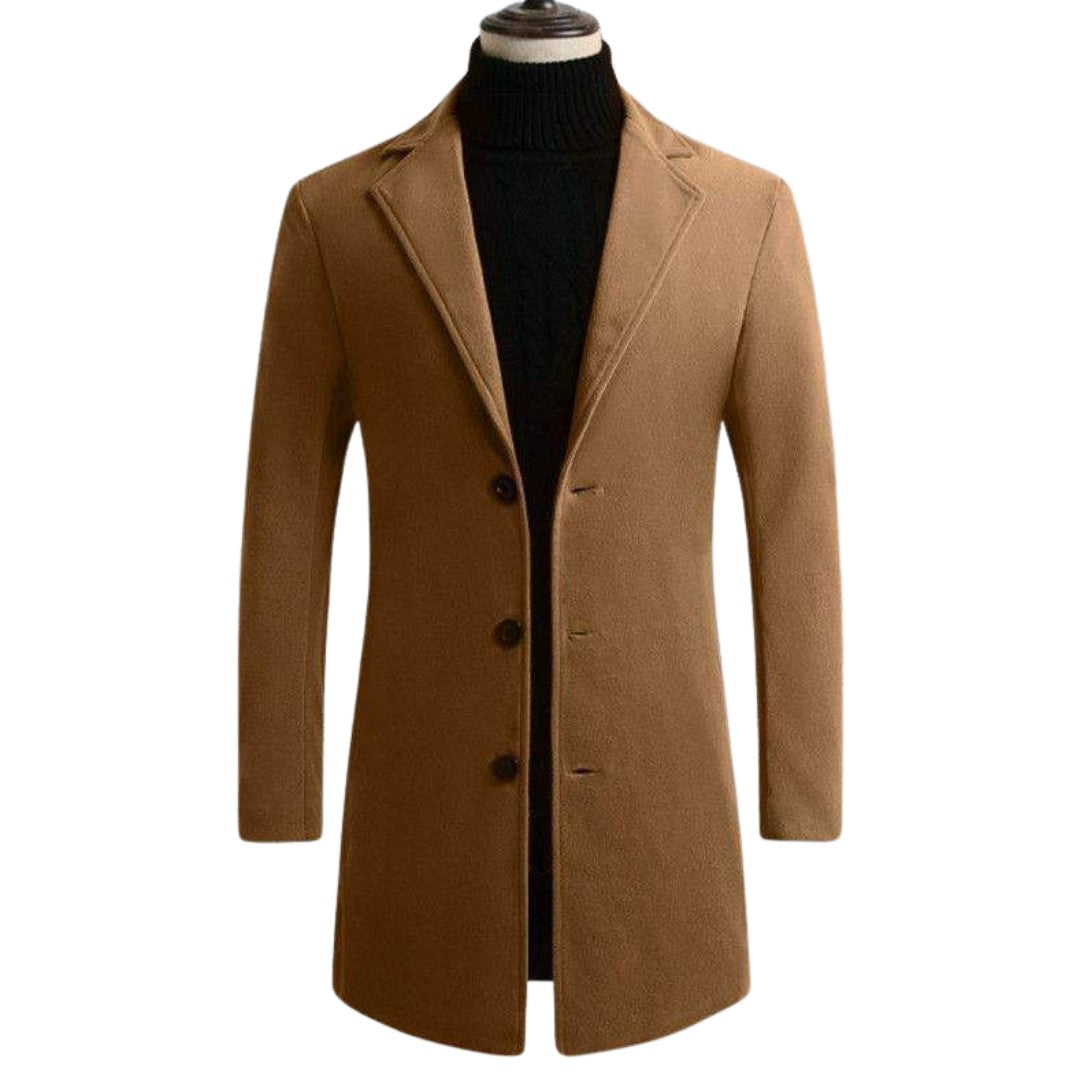 Manteau long col tailleur, coloris camel, présenté à plat