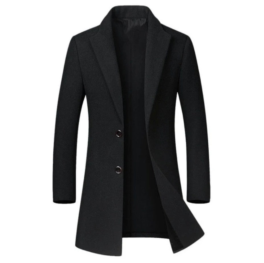 Manteau long col tailleur, coloris noir, présenté à plat