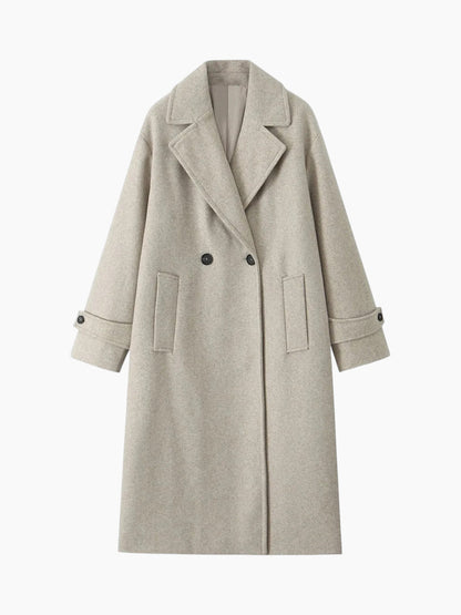 Manteau long croisé ample, coloris beige, présenté à plat