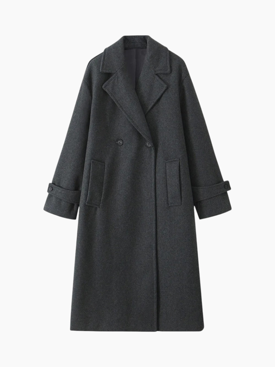Manteau long croisé ample, coloris gris foncé, présenté à plat