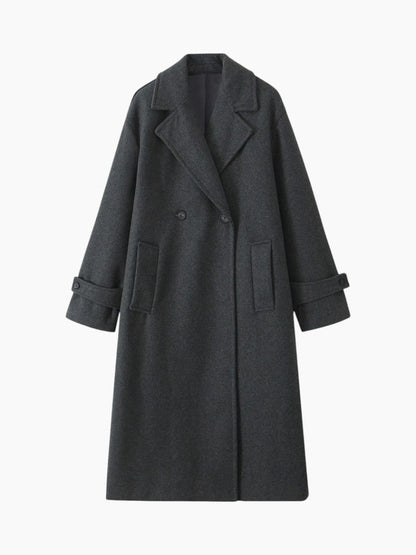 Manteau long croisé ample, coloris gris foncé, présenté à plat