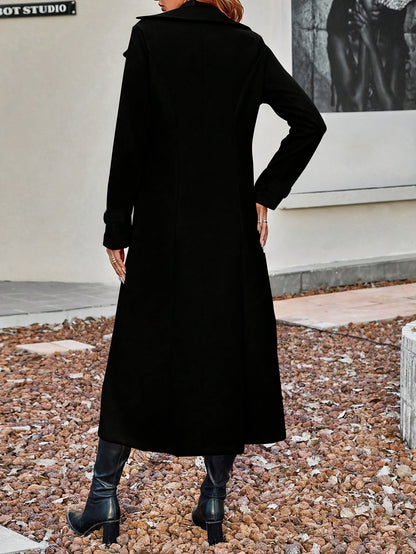 Manteau long croisé taillé, coloris noir, vue de dos