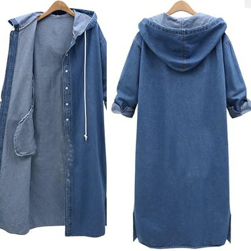Manteau long en jean, coloris bleu clair, présenté à plat, vue 2