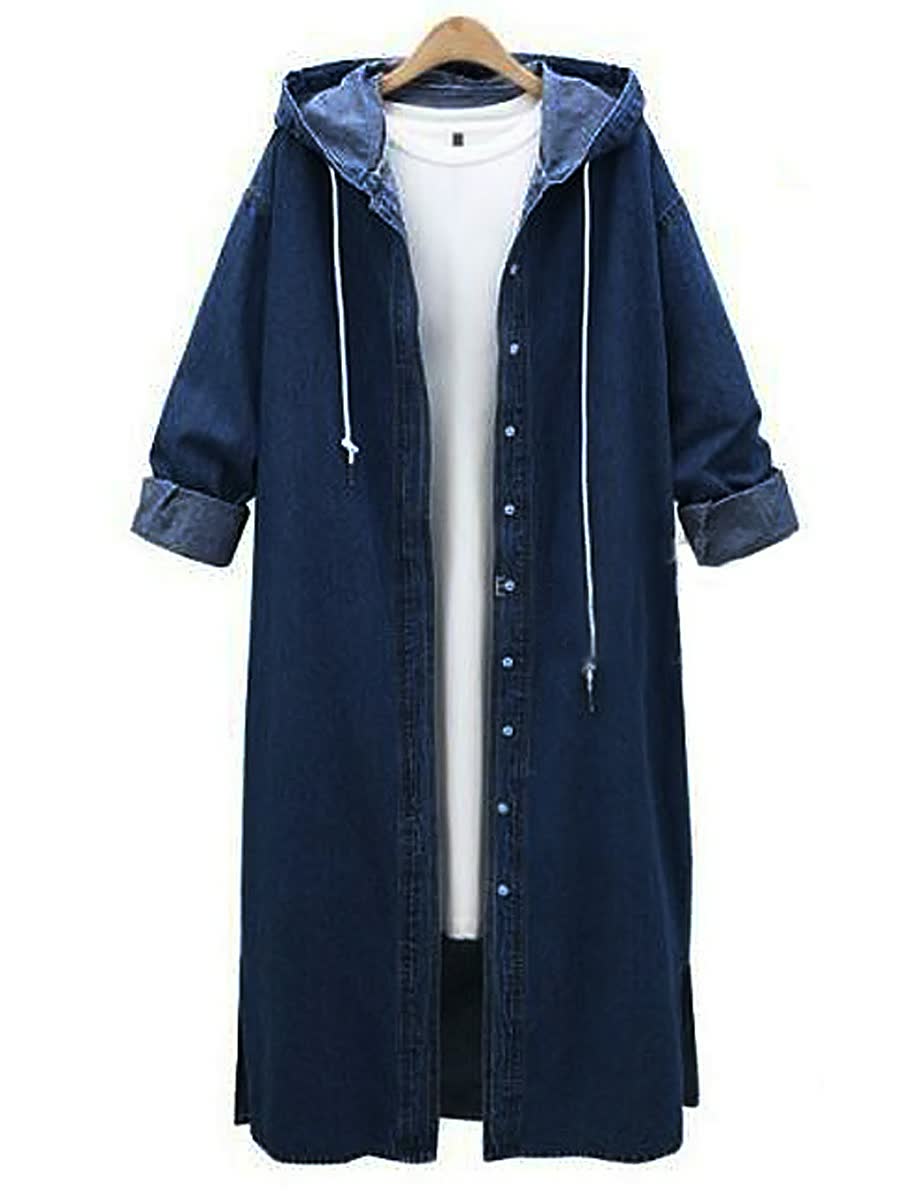 Manteau long en jean, coloris bleu foncé, présenté à plat