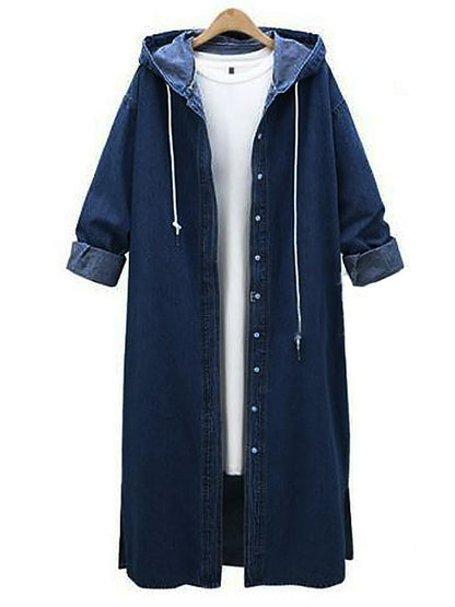 Manteau long en jean, coloris bleu foncé, présenté à plat