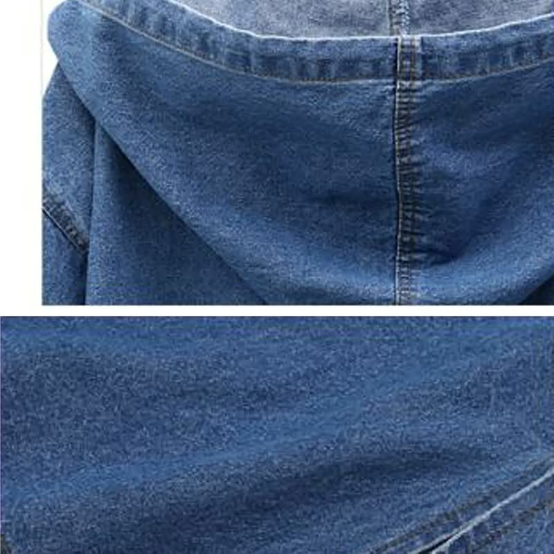 Manteau long en jean, détail du denim et de la capuche