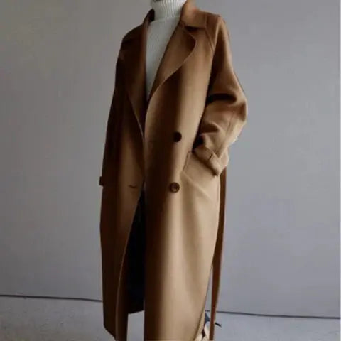Manteau long croisé ceinturé pour femme, coloris marron