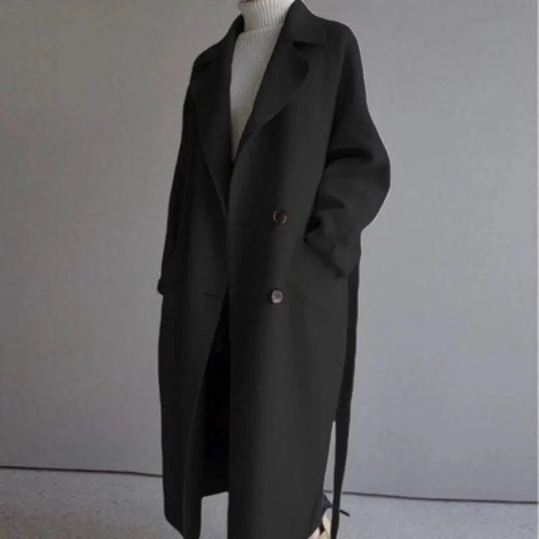 Manteau long croisé ceinturé pour femme, coloris noir