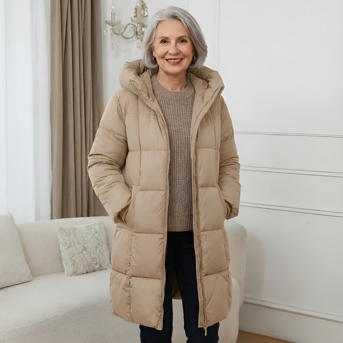 Manteau long matelassé capuche, coloris camel, vue de face